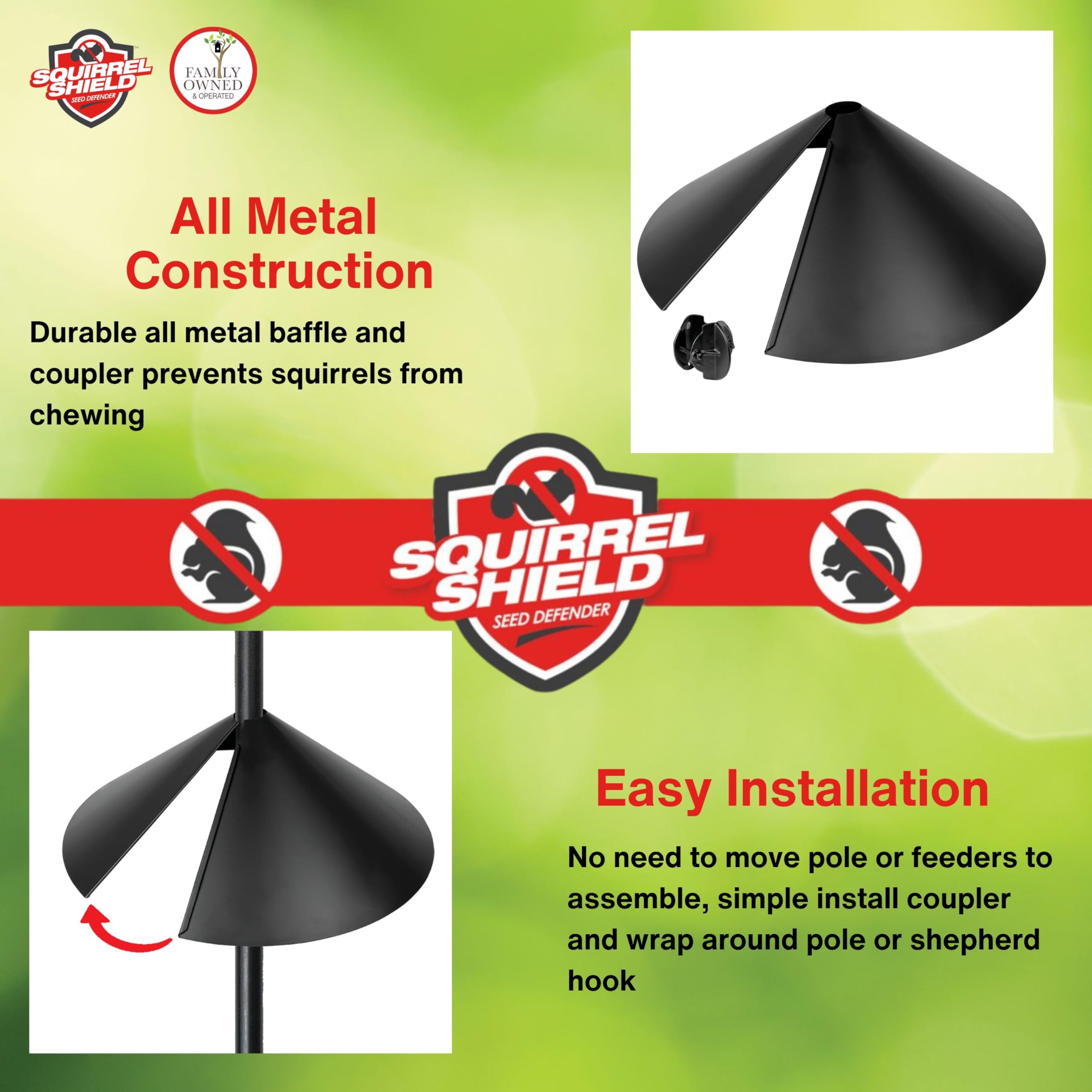 Squirrel Shield weather-resistant steel ensures long-lasting protection against rain and snow