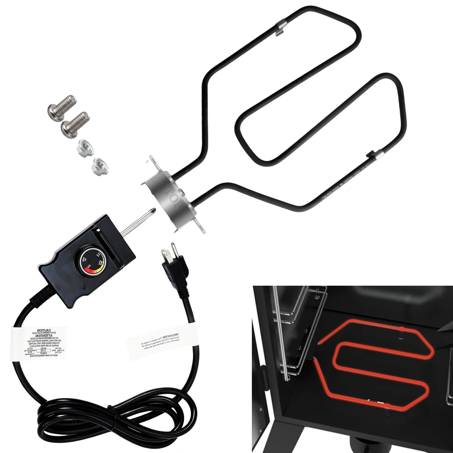 Squirrel Wood Artware 1650W heating element for electric smokers delivering faster heat and steadier temps.