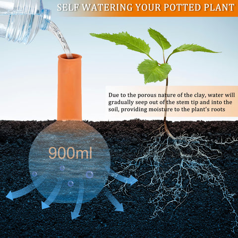Srapwati self-watering clay irrigation device shown in a large plant pot.