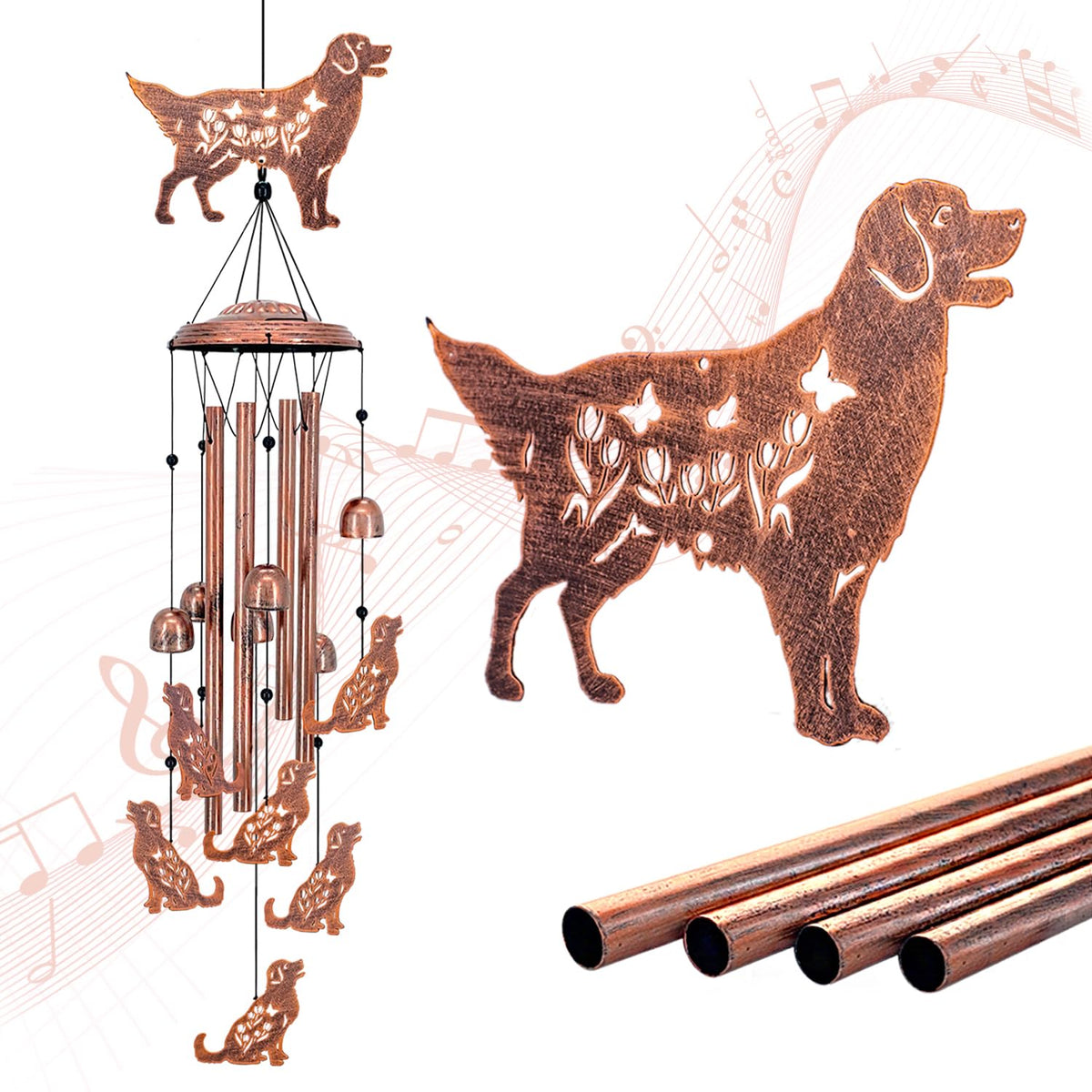 SRDJXY Golden Retriever wind chime with large dog figure for outdoor ambiance and calming tones.