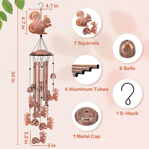 SRDJXY Squirrel Wind Chimes featuring four aluminum tubes for crisp tones
