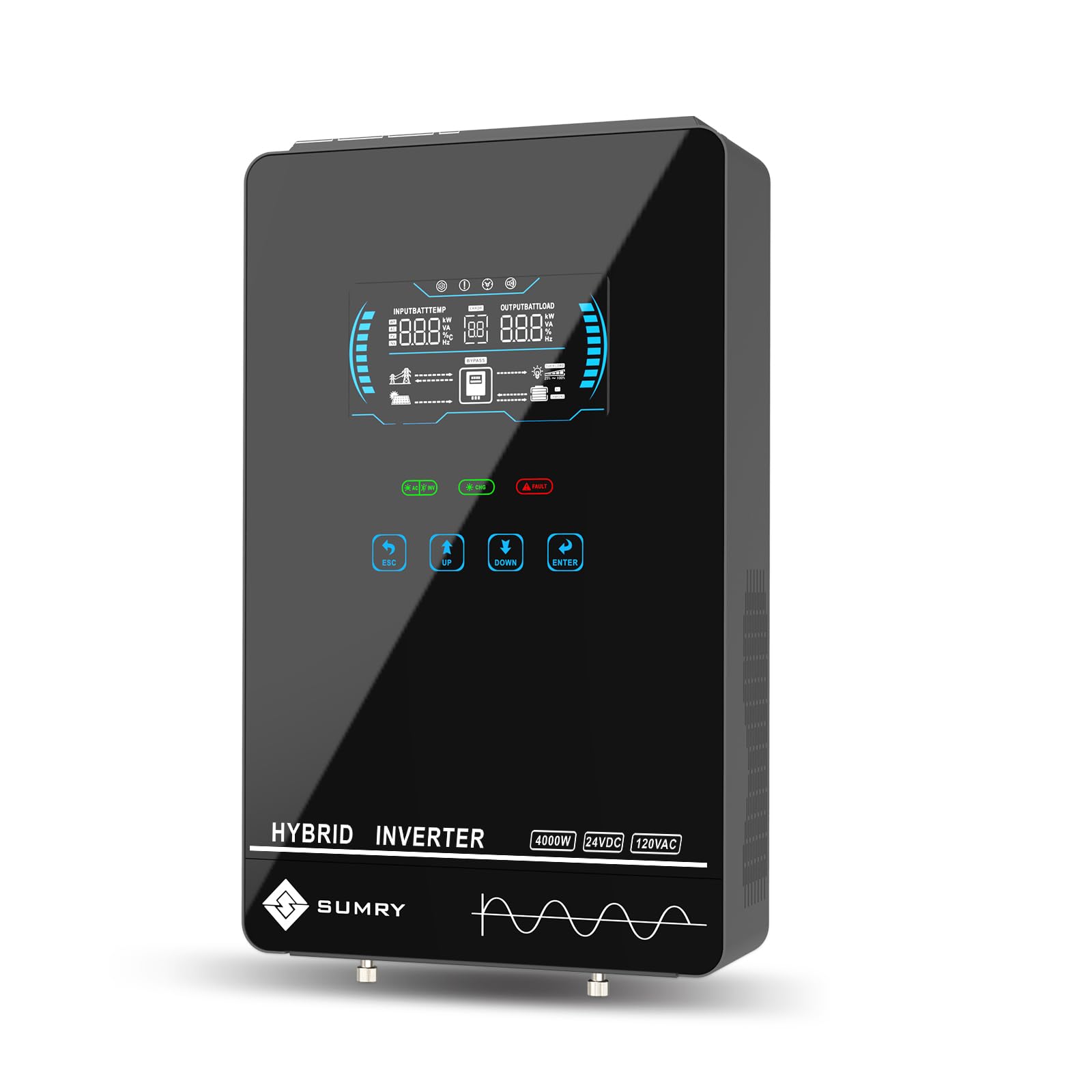 SRGFTS SUMRY inverter with glass-top LCD displays real-time status at a glance.