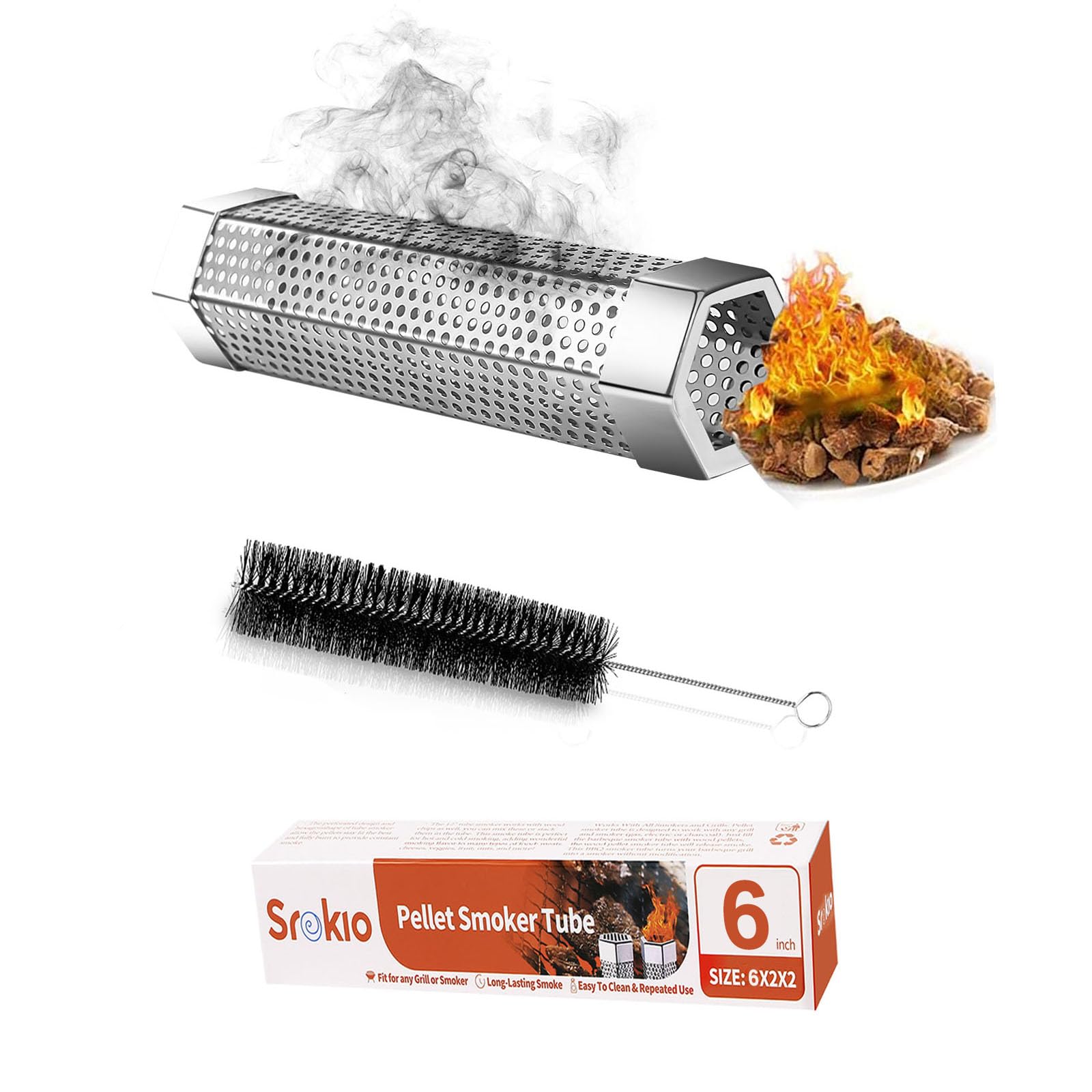SROKIO 6-inch smoke tube placed on grill for steady smoke during cooking