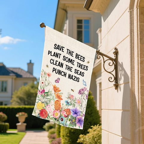 SRWNFOS outdoor flag displayed on a patio adding color to the space