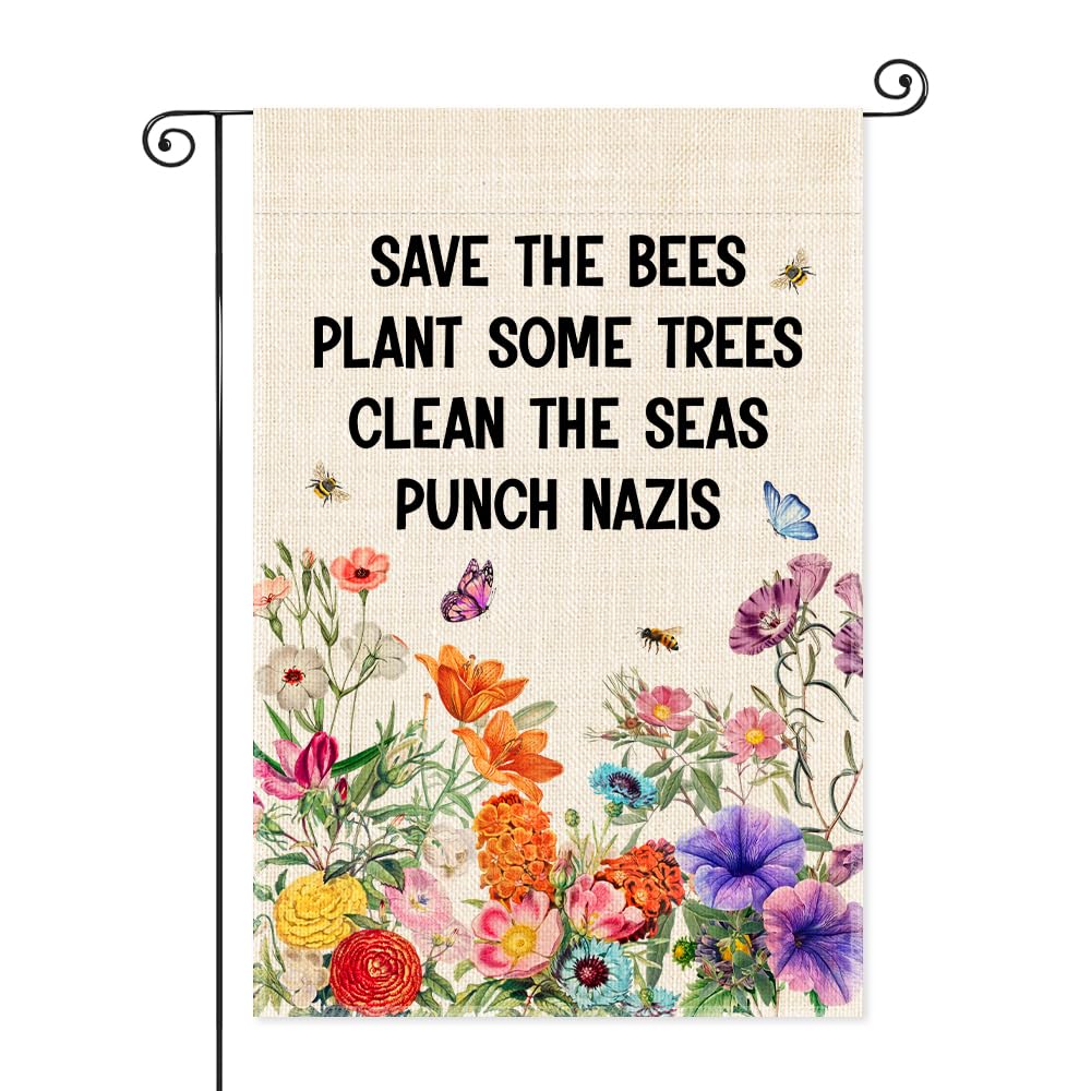 SRWNFOS garden flag front view with Save The Bees and Plant Some Trees for outdoor decor