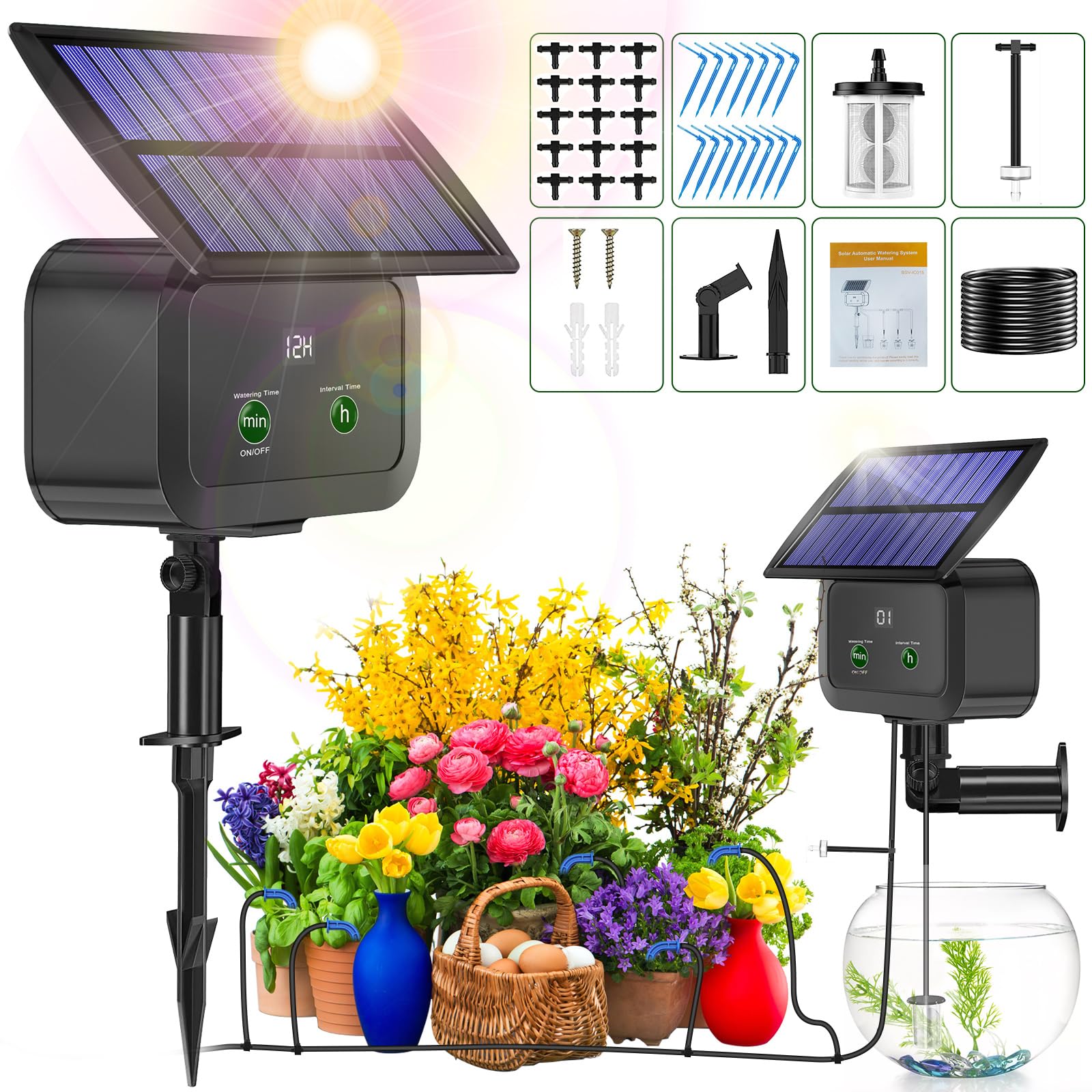 Srygery LCD display on the irrigation kit shows programmable watering settings.