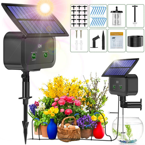 Srygery LCD display on the irrigation kit shows programmable watering settings.