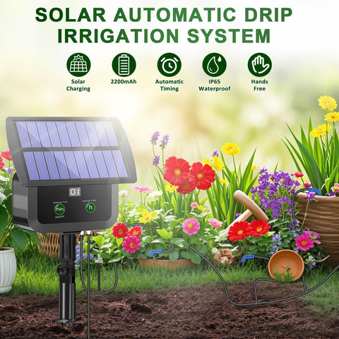 Srygery 180° rotatable solar panel captures sunlight for irrigation setup.