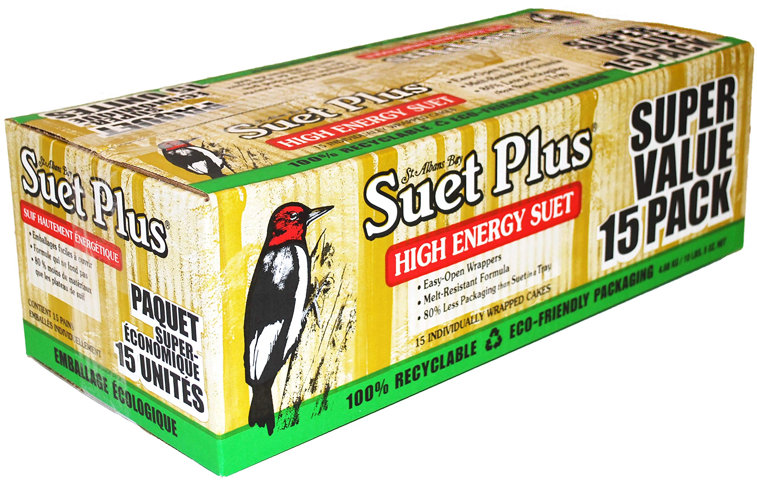 ST ALBANS BAY SUET PLUS 15-pack packaging showcasing easy-open, melt-resistant suet cakes for backyard birds.