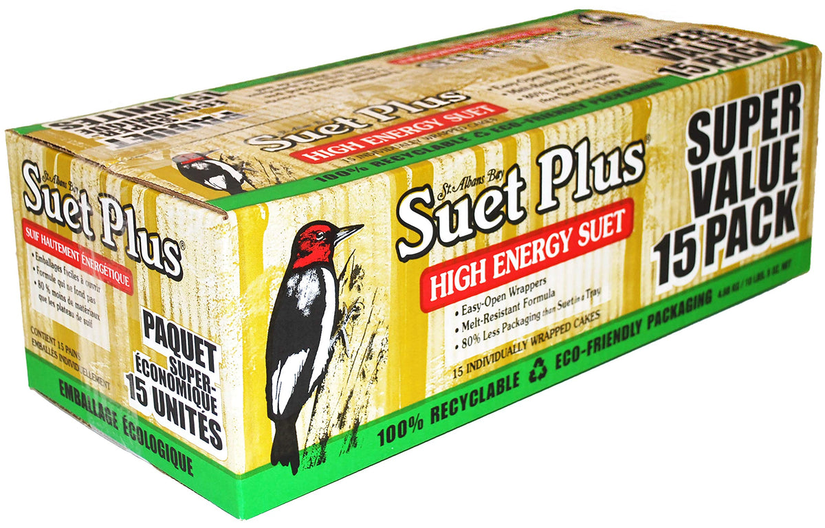 ST ALBANS BAY SUET PLUS 15-pack packaging showcasing easy-open, melt-resistant suet cakes for backyard birds.