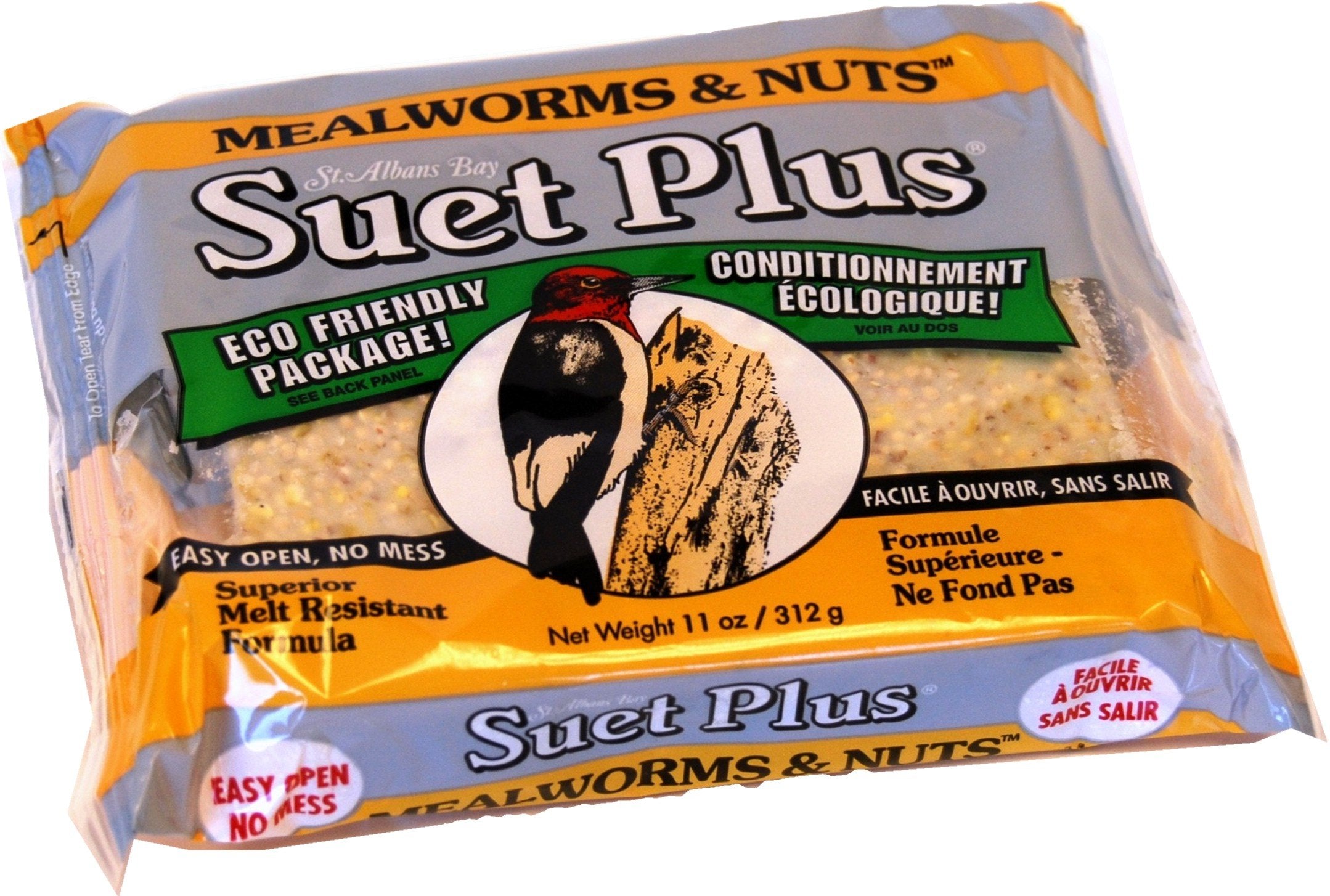 ST. ALBANS BAY SUET PLUS ingredients visible with mealworms and nuts attract birds.