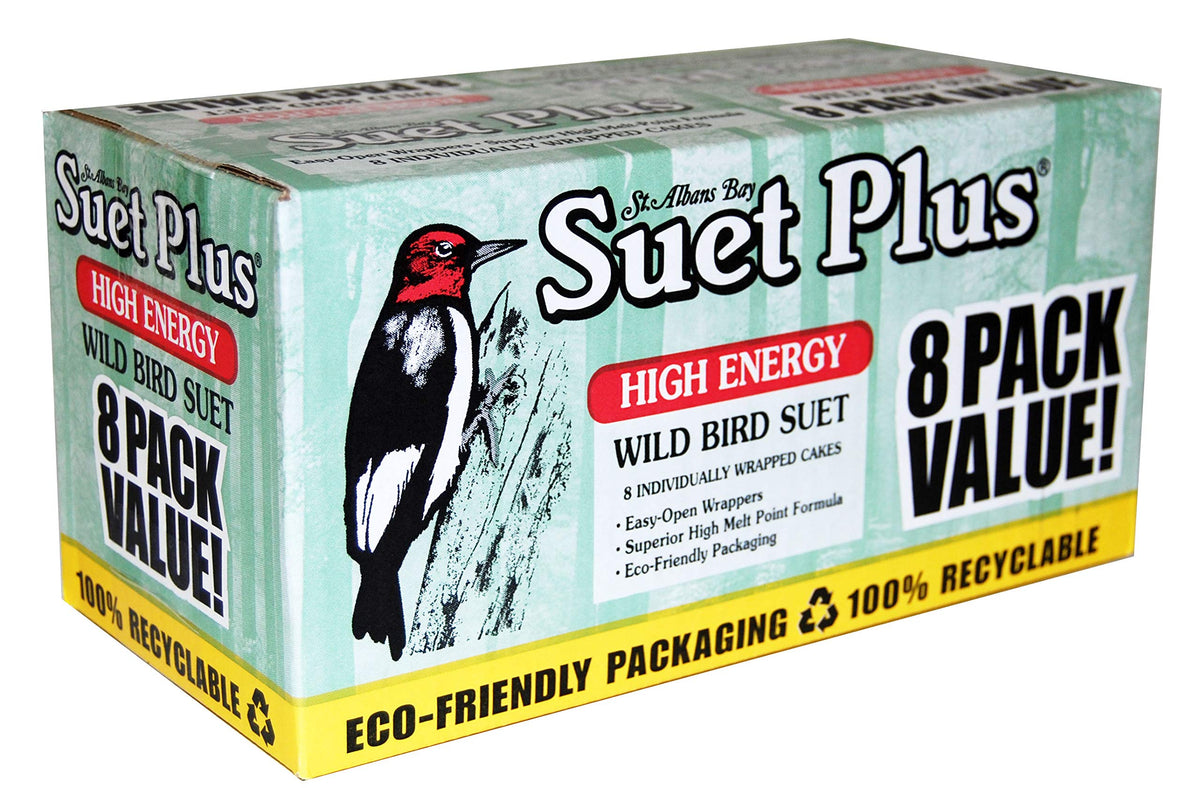 ST. ALBANS BAY SUET PLUS eight-pack 11oz cakes attract backyard birds with high-energy nutrition