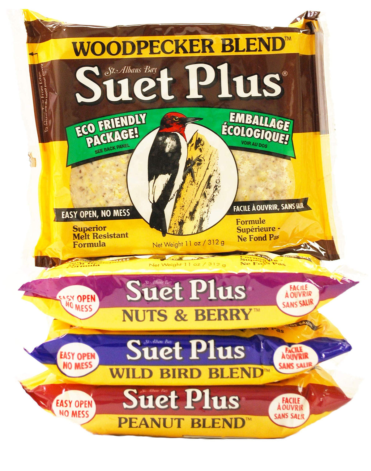 ST. ALBANS BAY SUET PLUS variety pack on feeder attracts multiple backyard birds