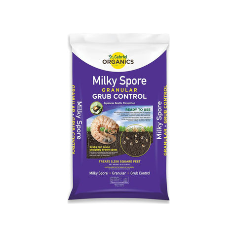 St. Gabriel Milky Spore granules in a 15 lb bag for lawn grub control.