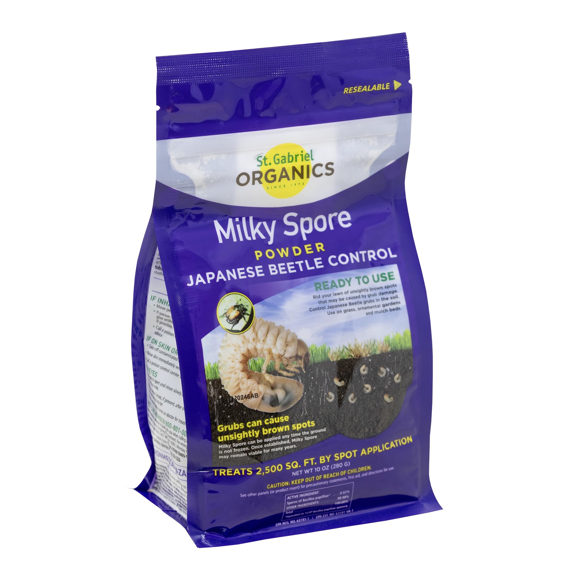 St. Gabriel Organics Milky Spore powder bag for safe, natural grub control in lawns.
