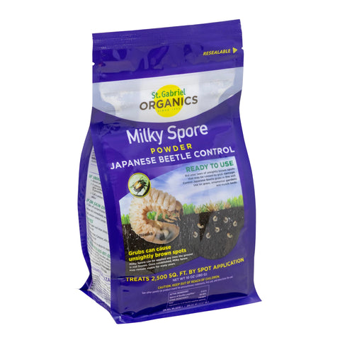 St. Gabriel Organics Milky Spore powder bag for safe, natural grub control in lawns.