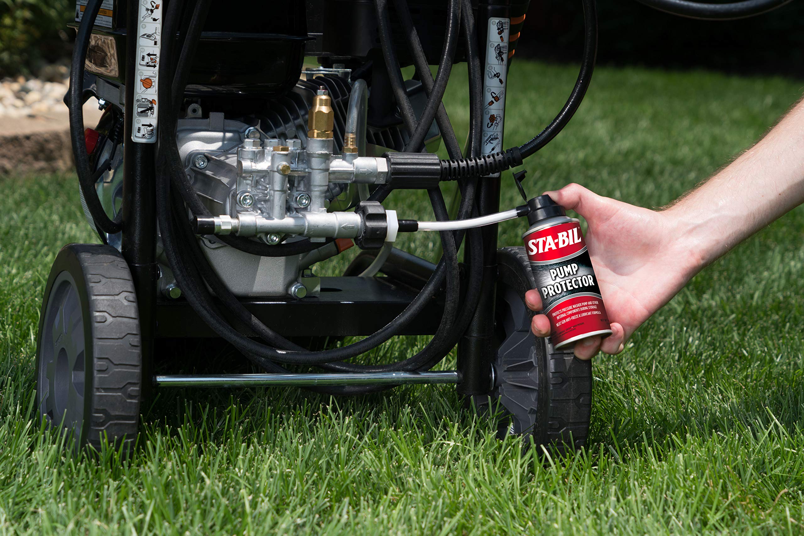 STA-BIL Pump Protector attachment to water inlet shows quick protection before startup