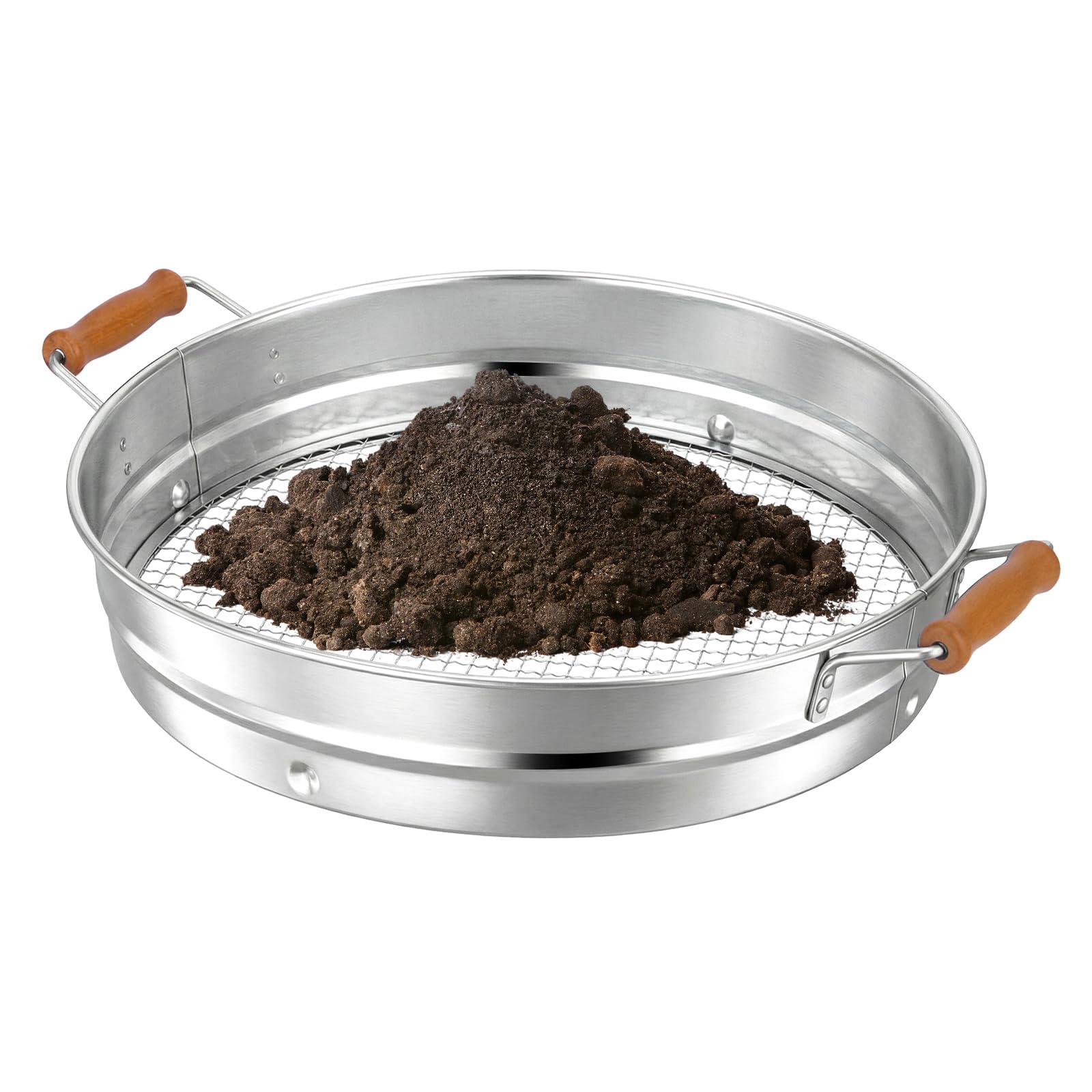 Stainless Steel Soil Sifter with Wood Handle ready for garden soil screening.