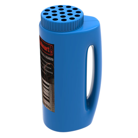 Stalwart salt-seed-spreader blue with open lid for easy refilling and year-round lawn tasks.