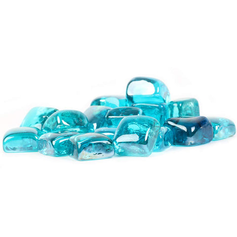 Stanbroil 10 lb Caribbean Blue fire glass cubes shimmer in a cozy fireplace setting.