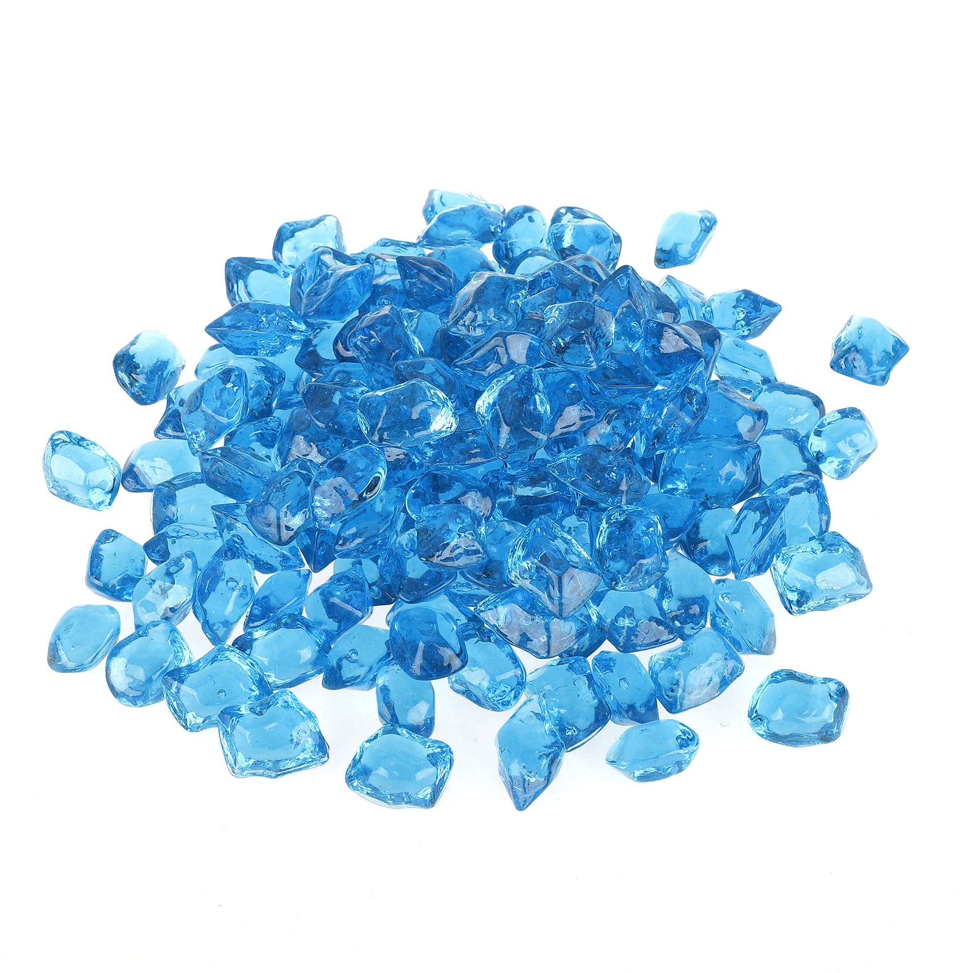 Stanbroil Aqua Blue 12mm polygon fire glass closeup showcasing jewel-like sparkle for enhanced fireplace ambiance.