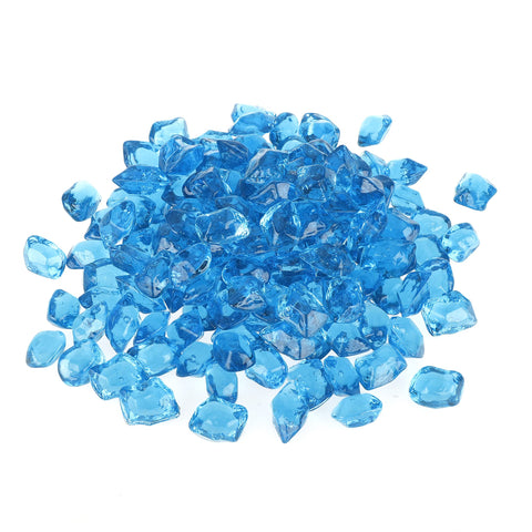 Stanbroil Aqua Blue 12mm polygon fire glass closeup showcasing jewel-like sparkle for enhanced fireplace ambiance.