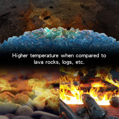 Stanbroil Aqua Blue 12mm polygon fire glass sparkles under ambient fire pit lighting.