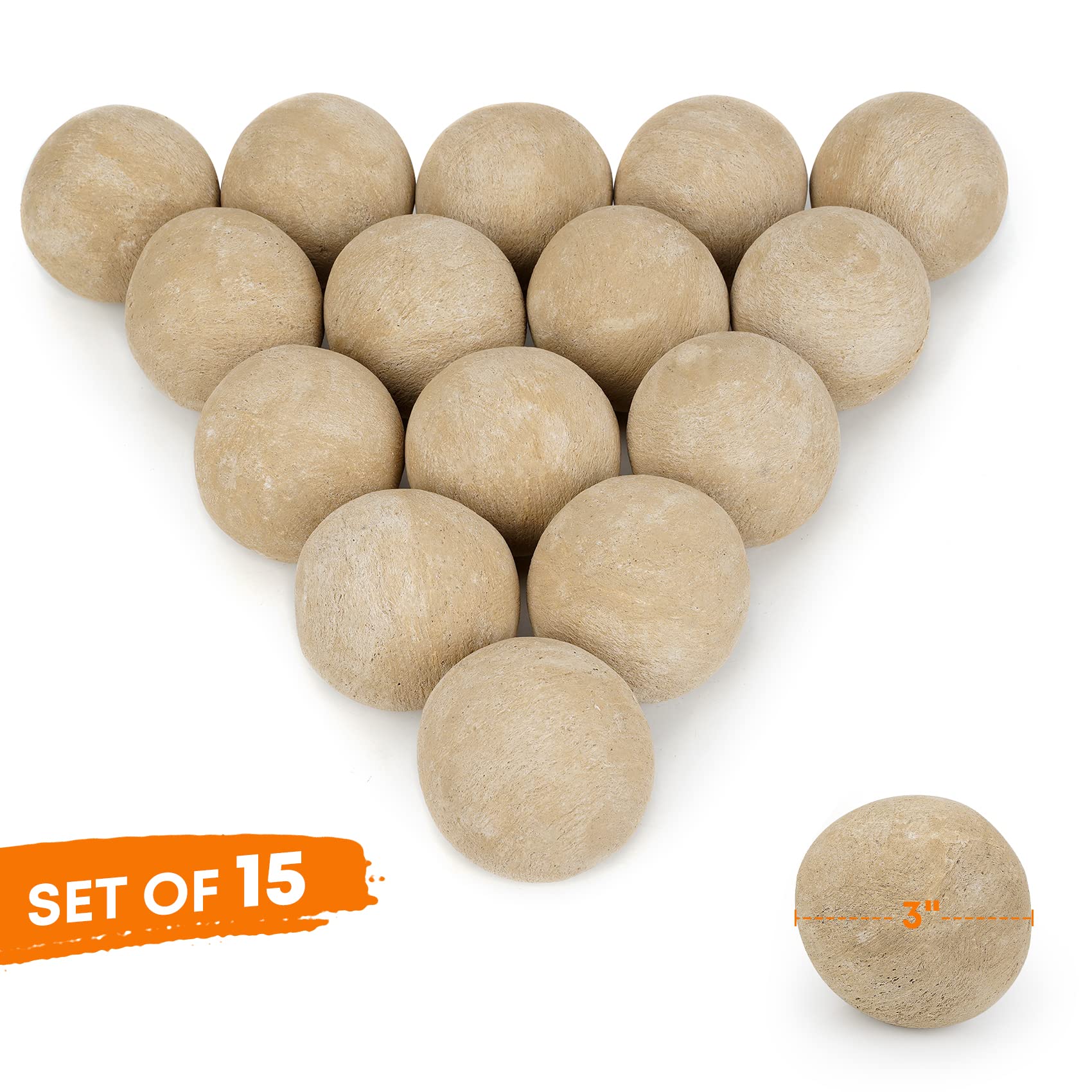 Beige Stanbroil ceramic balls arranged in a fireplace display for depth.