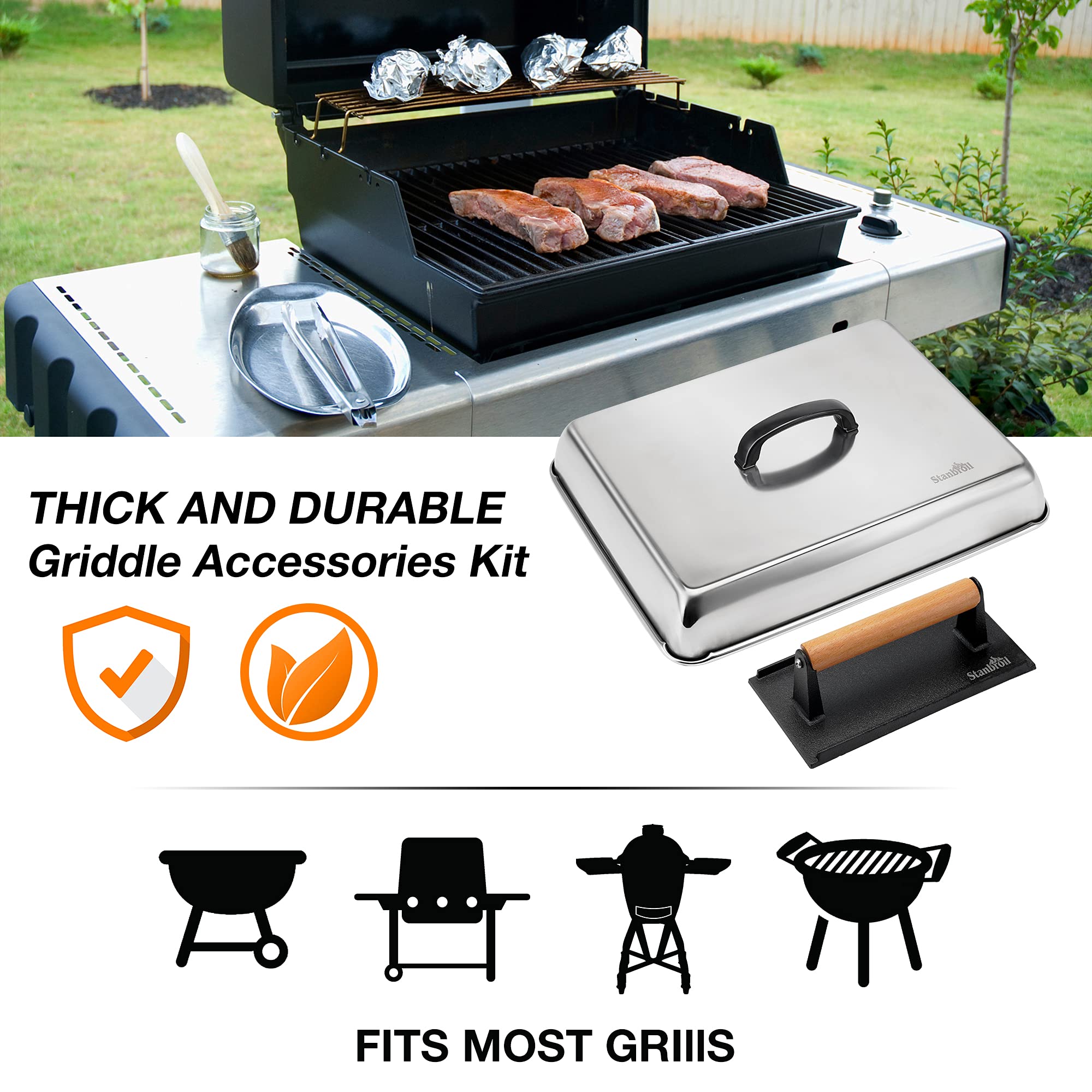 Stanbroil burgers on a hot griddle under the dome