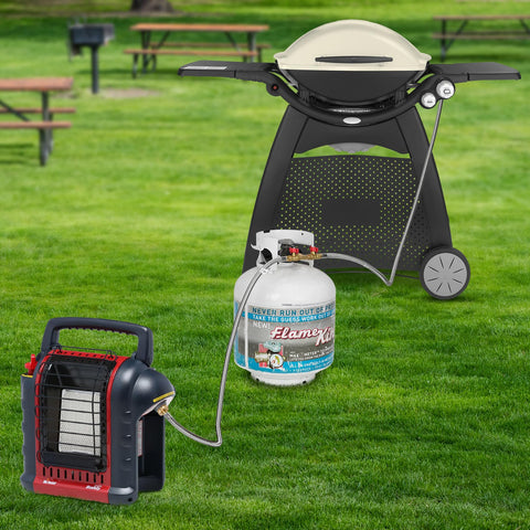 Stanbroil camping setup with grill and heater using the splitter hose