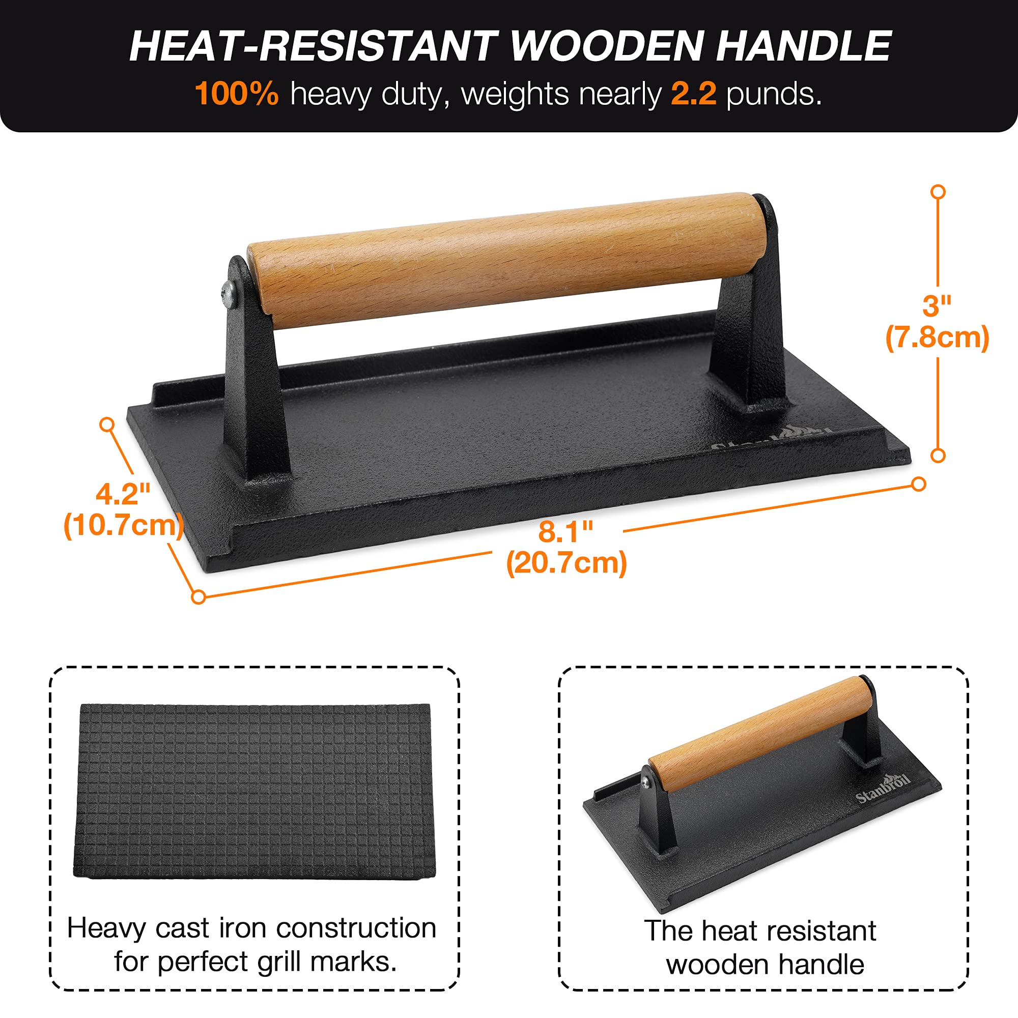 Stanbroil cast iron grill press close-up with raised ridges