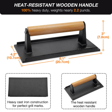 Stanbroil cast iron grill press close-up with raised ridges