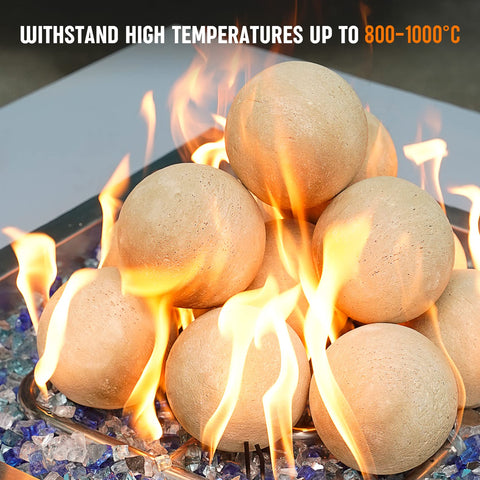 Stanbroil 4-inch beige ceramic balls improve flame performance under fire glass
