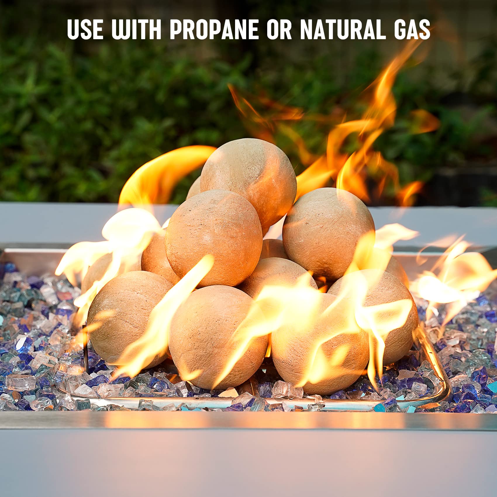 Stanbroil ceramic balls provide ambient glow without smoke or ash in outdoor spaces.