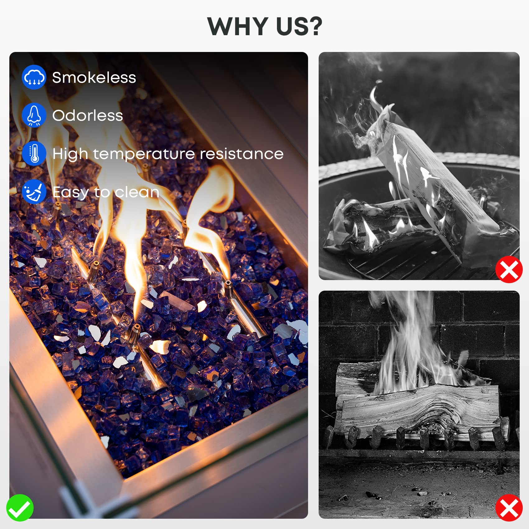 Stanbroil cobalt blue fire glass used in fireplace installation for modern ambiance.