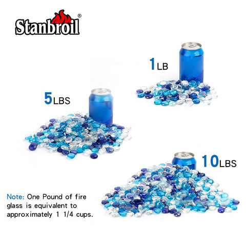 Stanbroil fire glass drops Caribbean blue blend boosts outdoor pit ambiance.