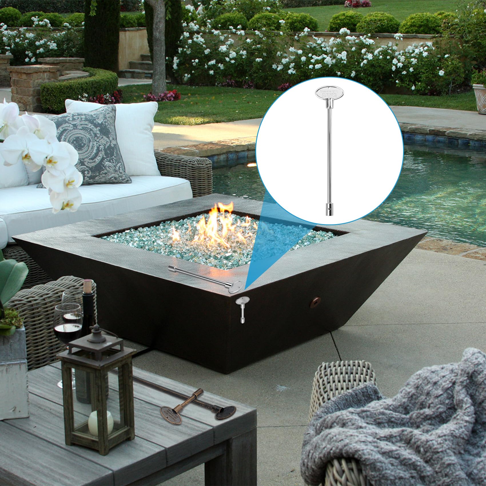 Stanbroil universal valve key near fire pit for convenient access.