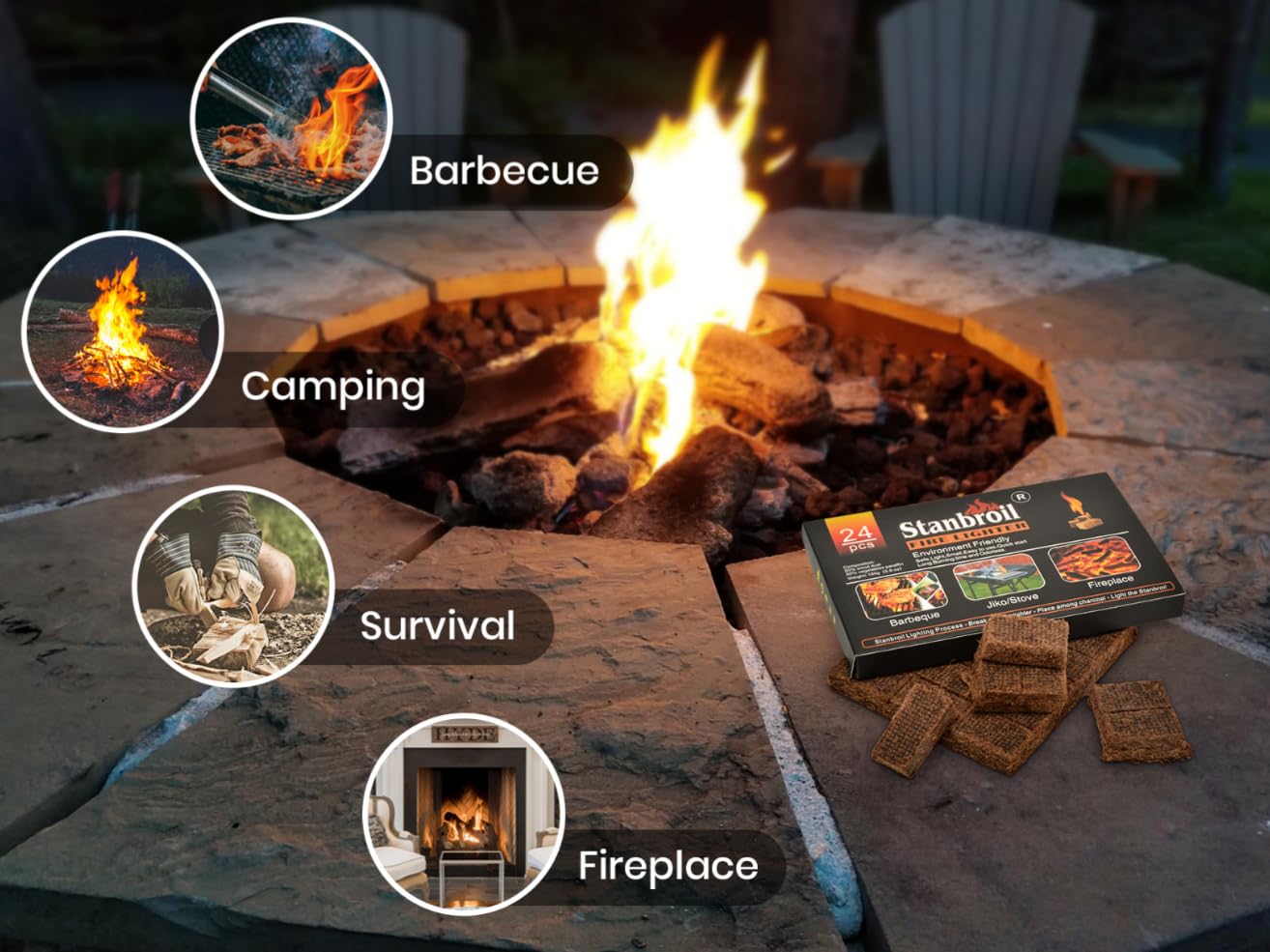 Stanbroil fire starters indoor outdoor use for fireplaces and barbecues.