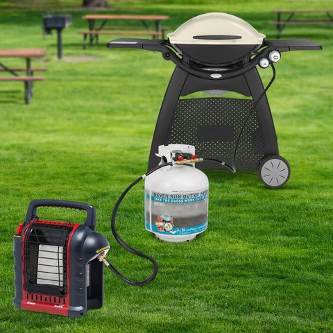 Outdoor camping grill and heater setup using Stanbroil hose
