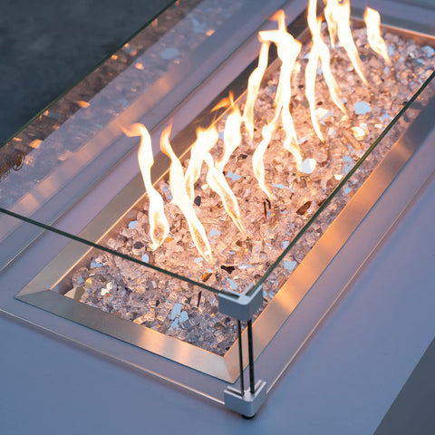 Stanbroil platinum fire glass enhances reflective appearance in flame