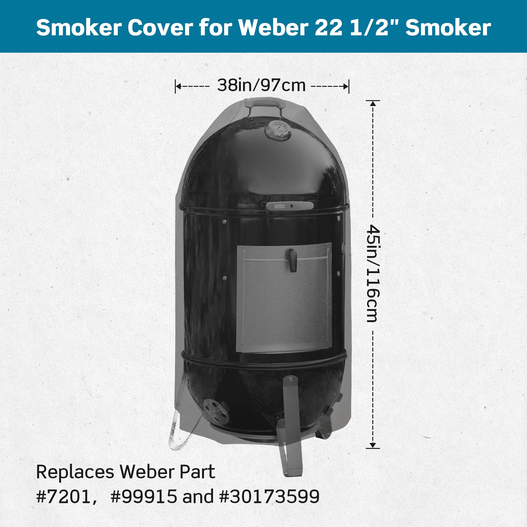 Stanbroil premium cover 22-inch Smokey Mountain Cooker side view shields from snow and sun