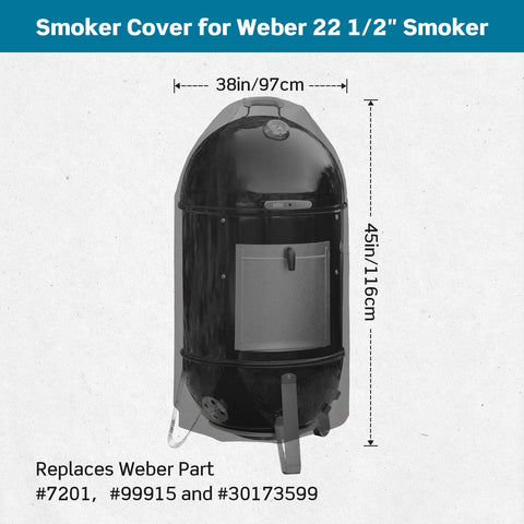 Stanbroil premium cover 22-inch Smokey Mountain Cooker side view shields from snow and sun