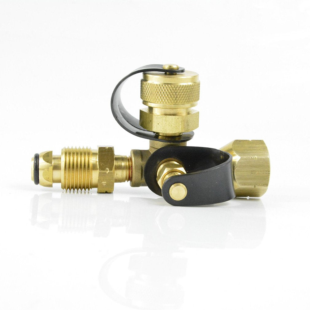 Stanbroil propane tee adapter with brass four-port RV hookup for safe outdoor gas use