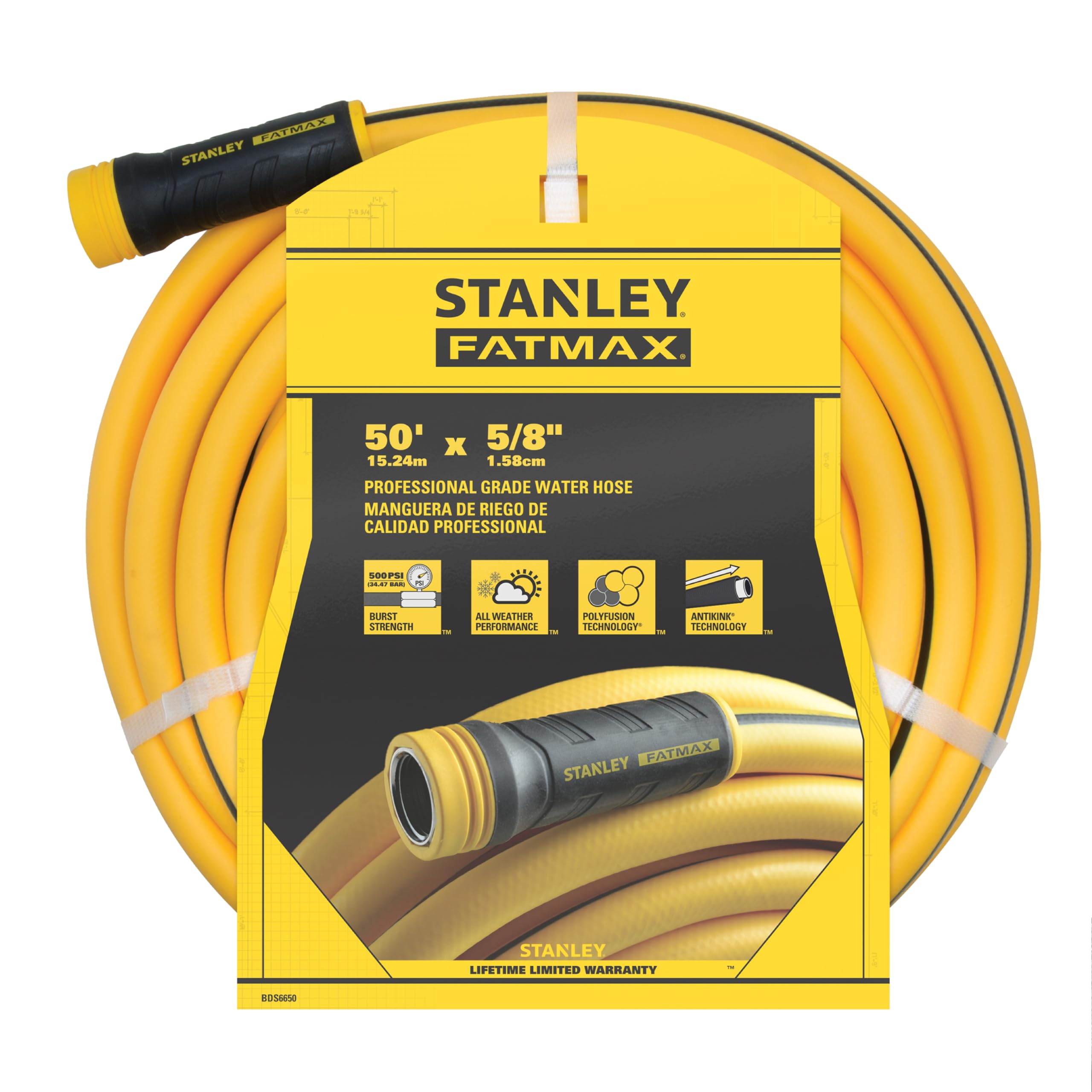STANLEY FATMAX 50ft hose rolled for easy maneuverability around garden obstacles.