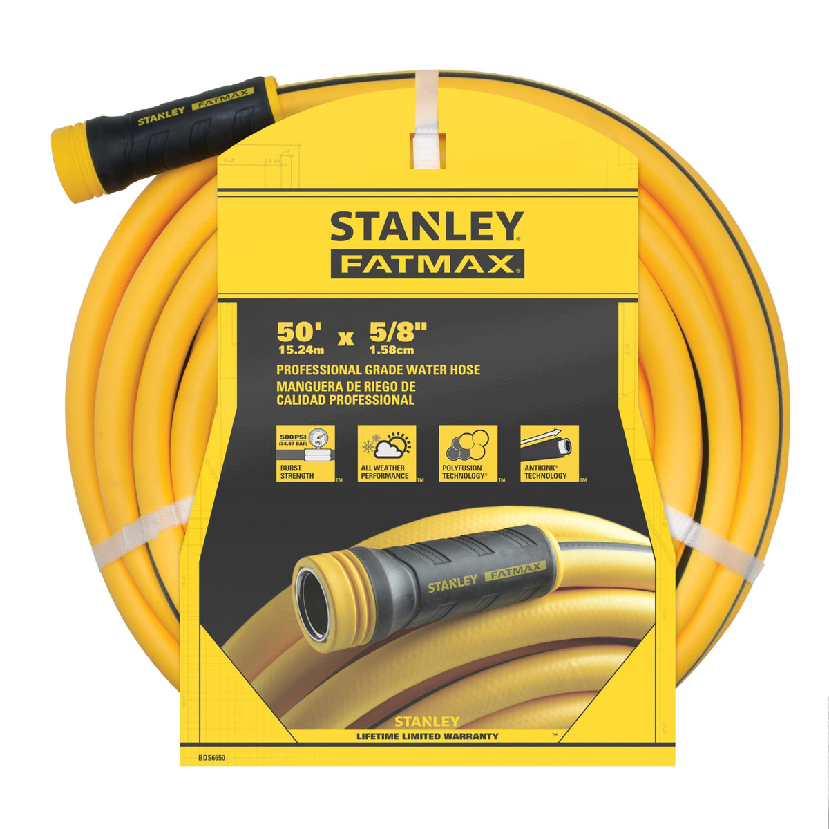 STANLEY FATMAX 50ft hose rolled for easy maneuverability around garden obstacles.