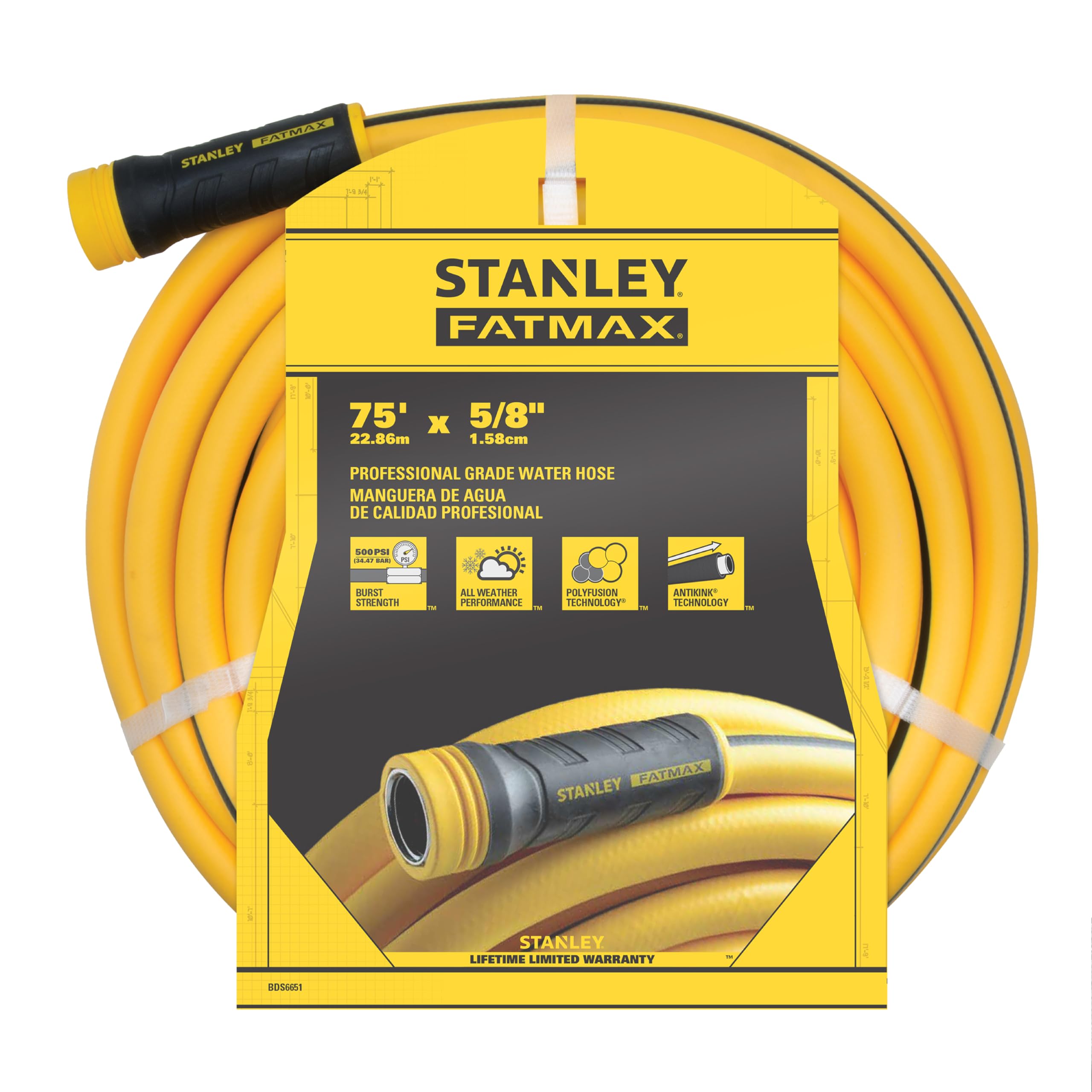Stanley FatMax water hose 75-foot five-eighth inch for long reach in gardens.