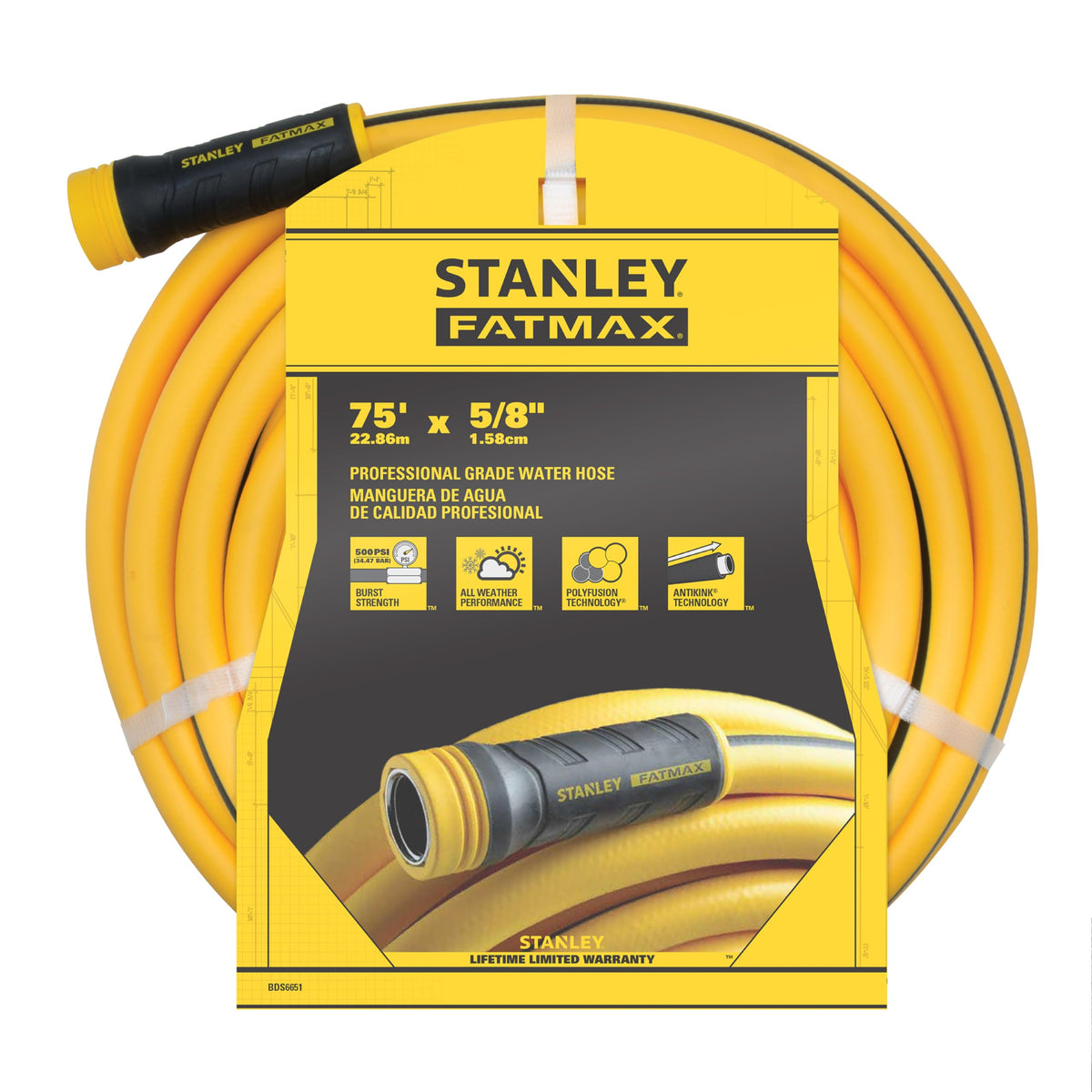 Stanley FatMax water hose 75-foot five-eighth inch for long reach in gardens.