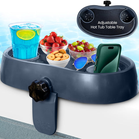 Star Splash adjustable hot tub table tray attached to tub side for convenient drinks.