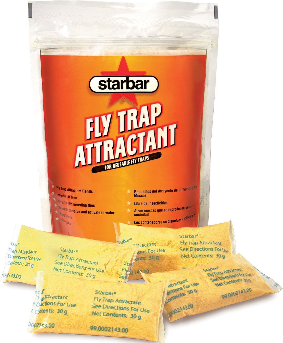 Starbar fly trap refill pouches dissolve in water to activate attractants.