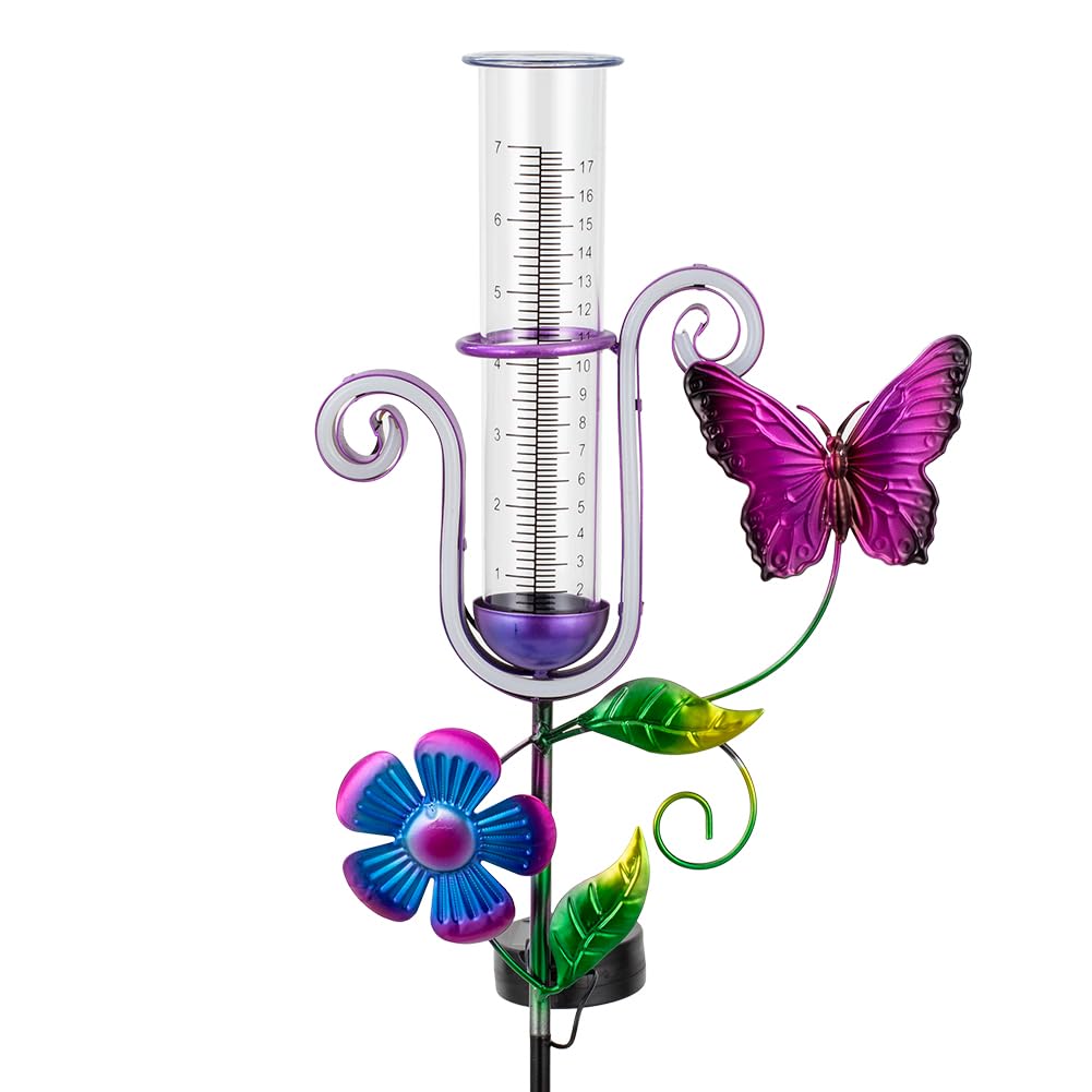 Stargarden butterfly rain gauge in yard measuring rainfall for plants